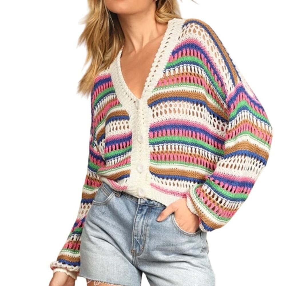 Lulus S Best Trends Forever Rainbow Striped Loose Knit Cardigan Sweater